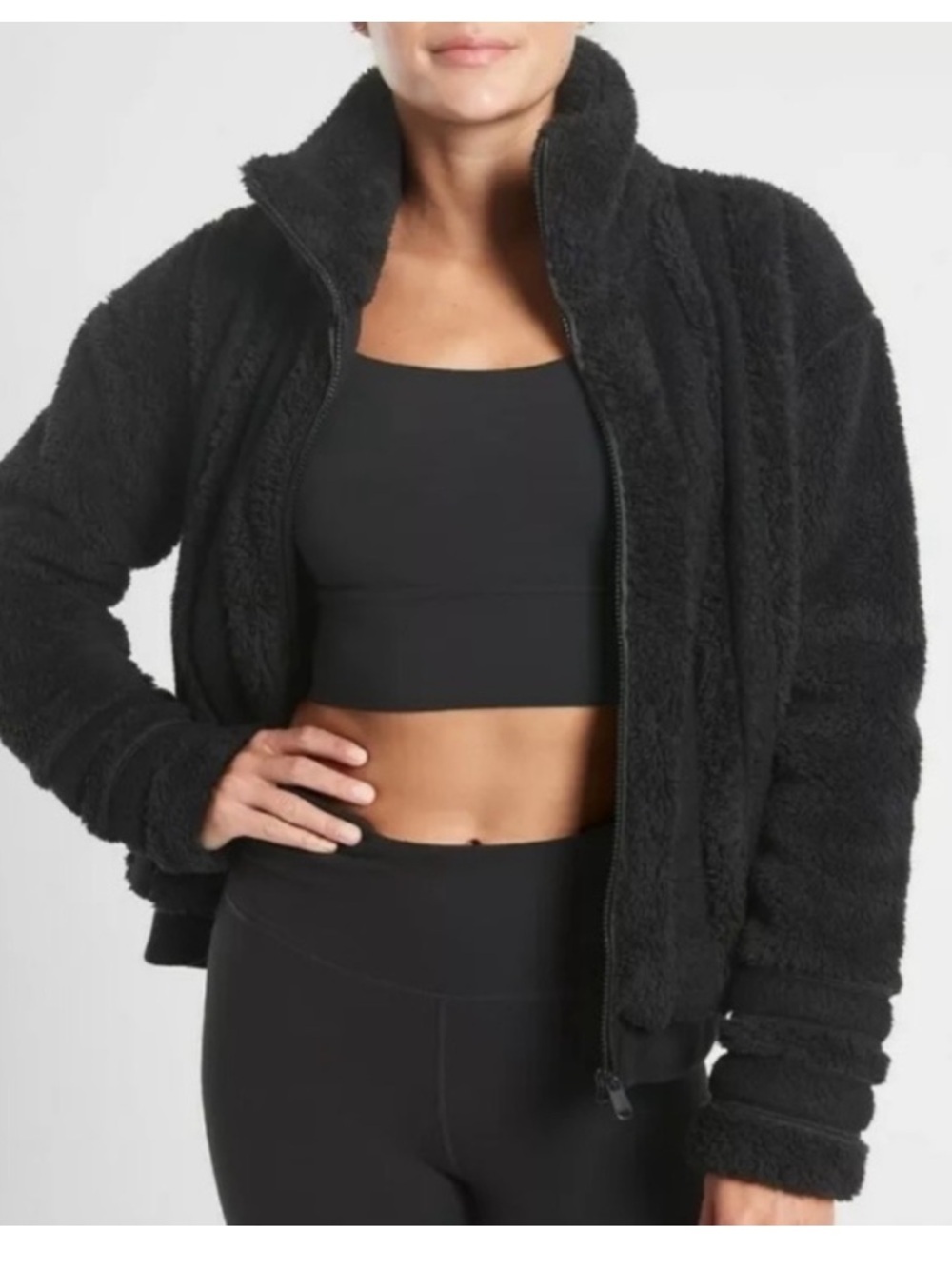 Athleta Willow Fleece Sherpa Jacket Black size L cozy athleisure lounge chic